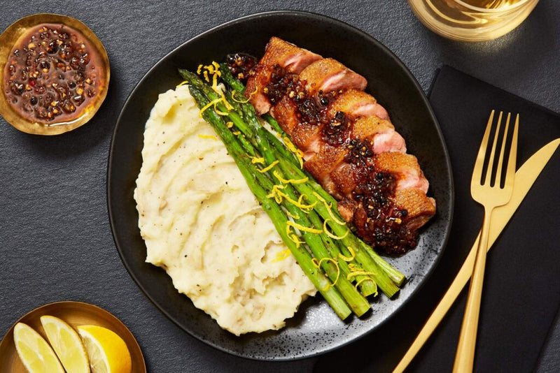 Duck Breasts with Peppercorn sauce —  — Black truffle Mashed Potatoes & —  Zesty Roasted Asparagus