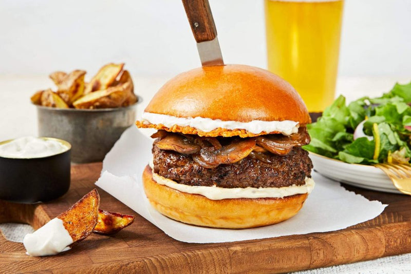 Truffle Umami Blast Burgers  — with Parmesan Frico, Potato Wedges & Crisp Green Salad